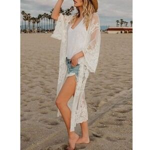 Hayden LA Women's White Floral Lace Mesh Duster Kimono Bikini Cover Up One Size